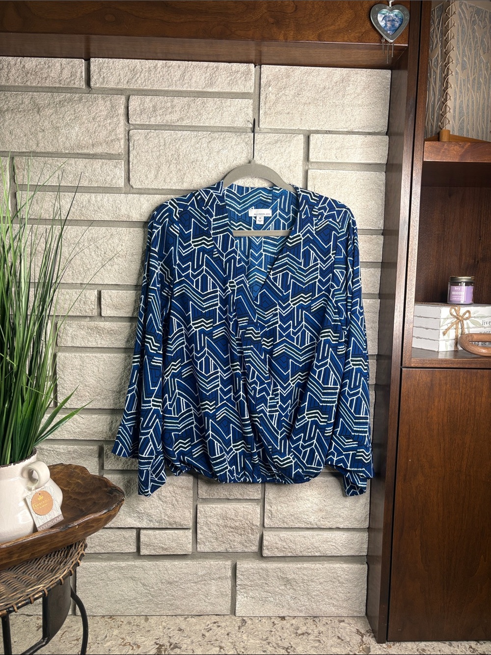 Allison Joy Blue Geometric Faux-Wrap Blouse